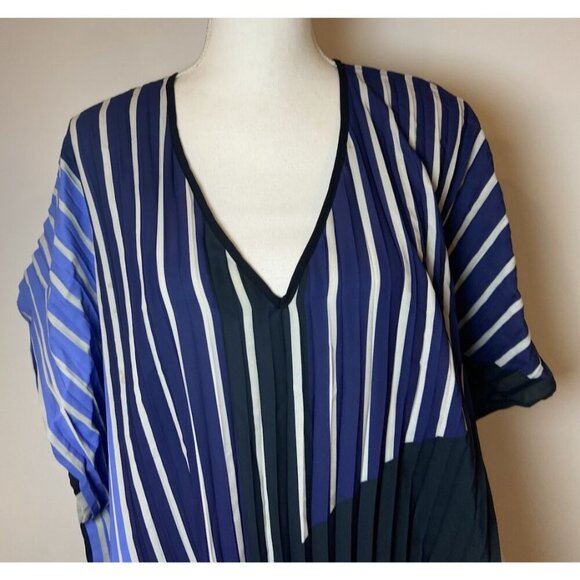 Delfi Collective Mara Kaftan Dress Pleated Blue Gray Pink Green Stripe One Size - Picture 2 of 6